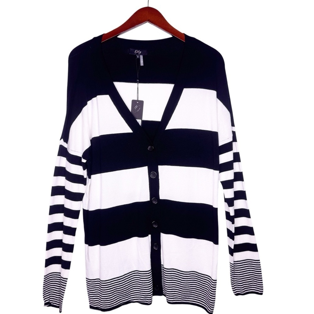 ORLY NWT Striped Knit Button Front Cardigan Sweater Size XL in Black and White